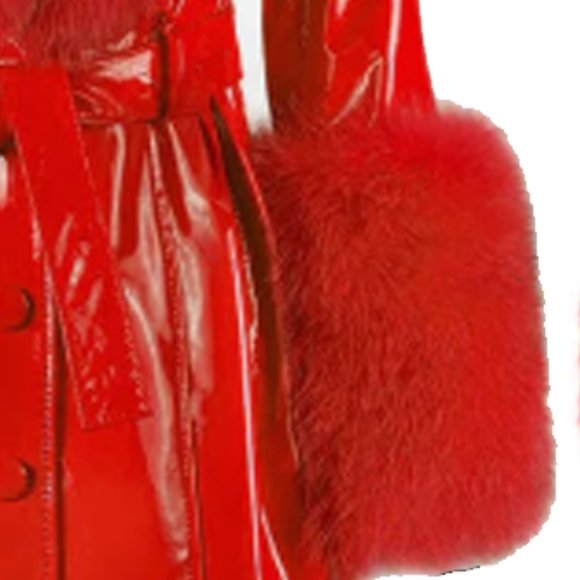 💥SHOWSTOPPER💥Leather Coat with Oversized Fur Collar in Shiny Scarlet Red - Picture 13 of 16